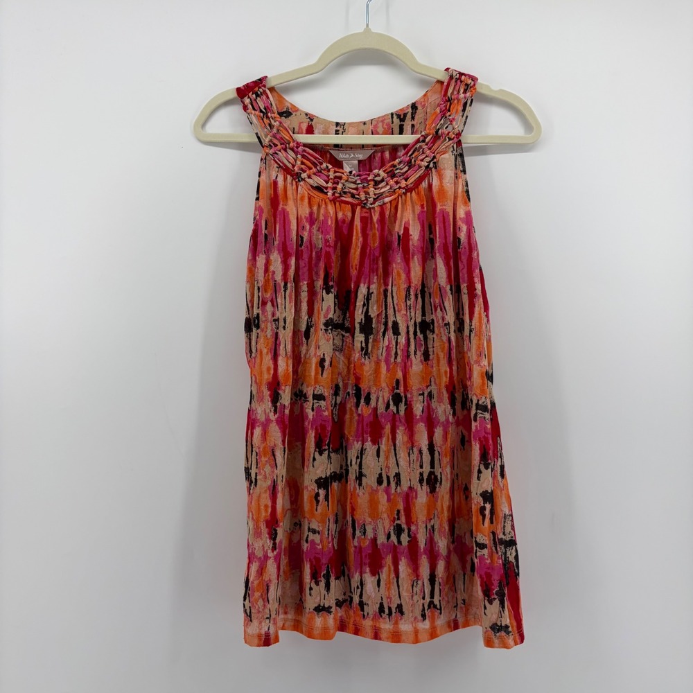 White Stag Womens Medium Orange Pink Tie Dye Tank Top Braided Neck Sleeveless